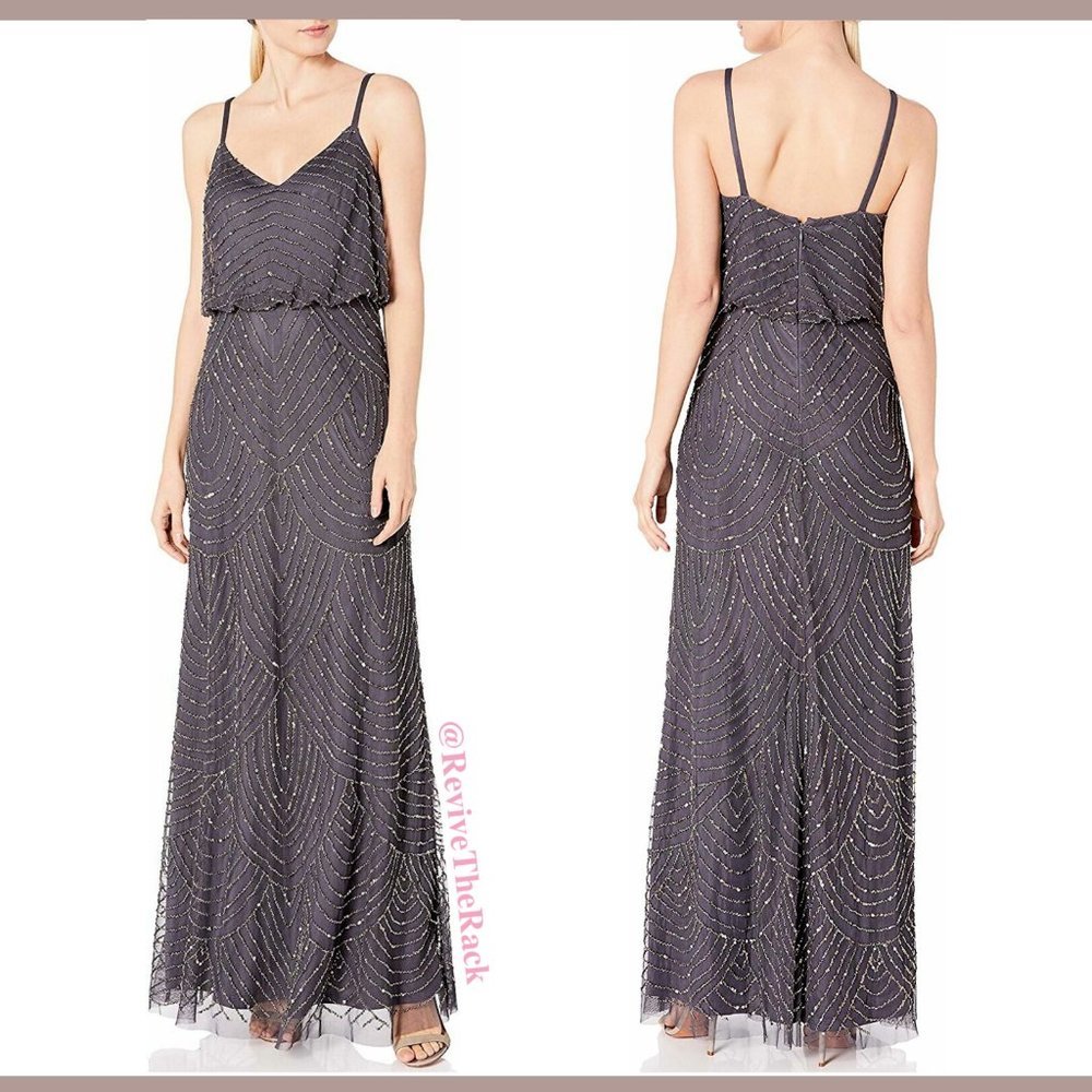 NEW Adrianna Papell Art Deco Beaded Blouson Gown in Gunmetal [SZ‎ 10 ]